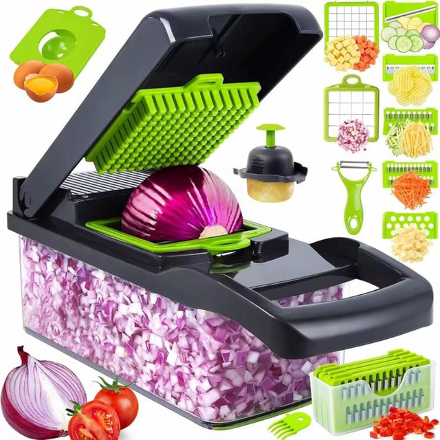 Frekia Vegetable Chopper,16-in-1 Multifunctional use for - Onion Chopper, Mandoline Slicer, Veggie Cutter with 8 Blades,Food Slicer, Dicer,Vegetable Cutter & Draining Basket Grater With Container