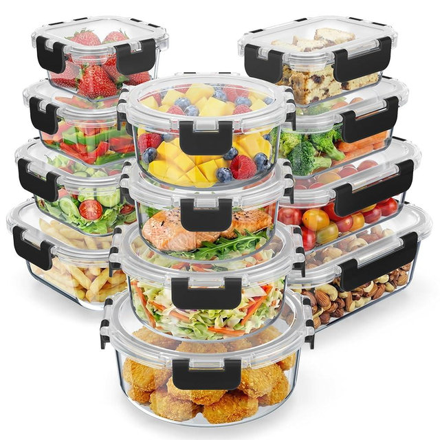 Emporio Kitchen Borosilicate Glass Food Storage Containers with Lids 24 Pieces, BPA-Free Stackable Lunch & Leftover Containers, Microwave, Freezer & Dishwasher Safe, 100% Airtight Leak-Proof, Black