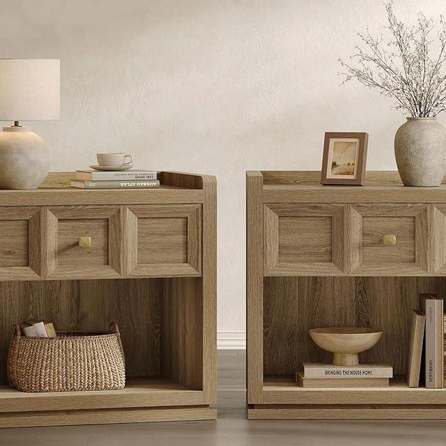 SICOTAS Night Stand Set 2, 26" Wide Nightstands with Drawer, Large Queen Size Nightstands Set of 2, Modern Bedside Table for Bedroom, Side End Table (Brown Oak, 26-Inch)