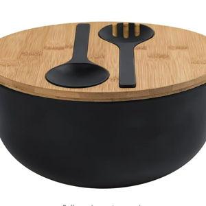 Bamboo Fiber Salad Bowl with Servers Set Large 9.8inches Nature Bamboo Mixing Bowl with Servers with Lid Spoon and Fork for Fruits,Salads and Vegetables