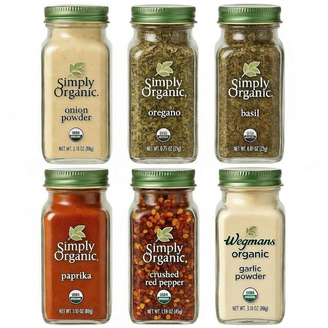 Organic Spice Set – Simply Organic Seasoning Variety Pack with Basil, Paprika, Oregano, Onion, Crushed Red Pepper & Wegmans Organic Garlic Powder | Spice Starter Set Gift for Home Cooks