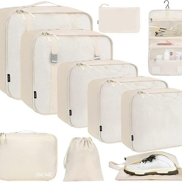 BAGAIL 10 Set Packing Cubes Various Sizes Packing Organizer for Travel Accessories Luggage Carry On Suitcase-Beige