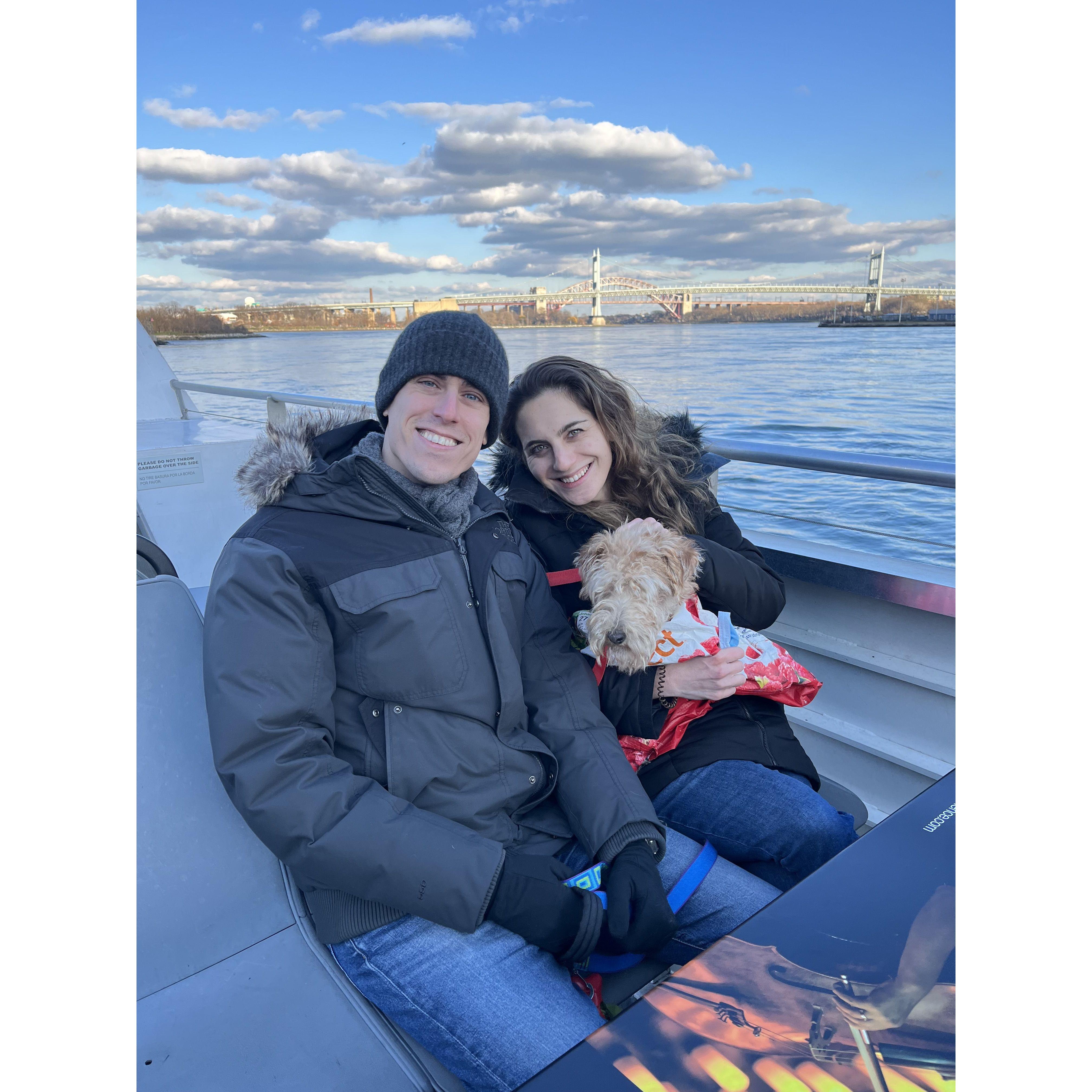 A very cold but beautiful December ferry ride to LIC with Pippa in a MTA-mandated bag, which she politely tolerated