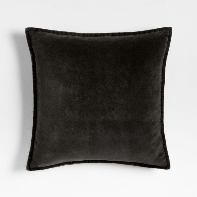 Relaxed Washed Organic Cotton Velvet 20"x20" Ink Black Throw Pillow with Feather Insert