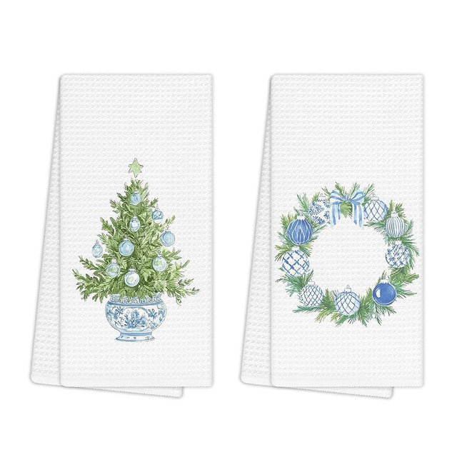 EGBTL Chinoiserie Christmas Tree Kitchen Towels, Grandmillennial Christmas Wreath Hand Towels for Bathroom Decor, Light Blue Xmas Dishcloths Dish Towel for Kitchen 16x24 Inches Set of 2