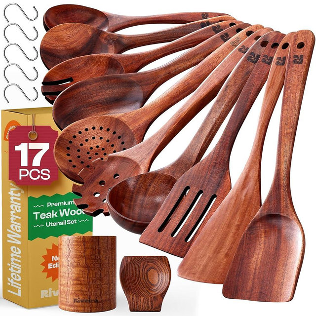 Riveira Dark Teak Kitchen Utensils Set - 12-Piece Non-Toxic Cooking Utensils Set - Wooden Spoons for Cooking - Spatula for Cooking - Teak Wooden Utensils