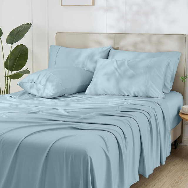 GOKOTTA Queen Sheet Set 6 Pcs,100% Rayon Derived from Bamboo Sheets,Cooling Sheets Queen for Hot Sleepers,16 Inch Deep Pocket Queen Size Bed Sheets with Elastic Corner Straps,Silky Soft -Sky Blue