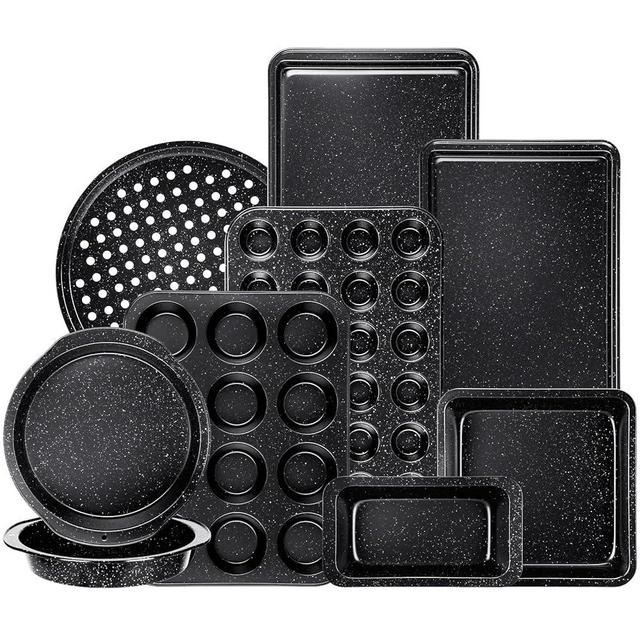 Terlulu 10-Piece Baking Pans Set, Bakeware Sets Nonstick, Baking Set for Oven Cooking, Stackable Carbon Steel Set Include Cookie Sheets, Muffin Pan, Cake Pan, Pizza Pan, Loaf Pan, Roasting Pan, Black