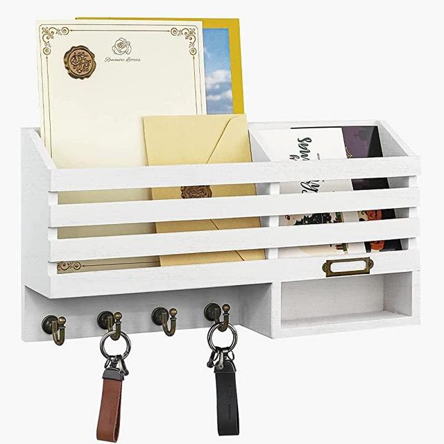 FifthQuarter Key Holder for Wall: Easy Mounted Key Rack and Mail Organizer with Store Shelf and Four Sturdy Keys Hooks Decor in Kitchen|Farmhouse|Entryway|Mudroom (White)