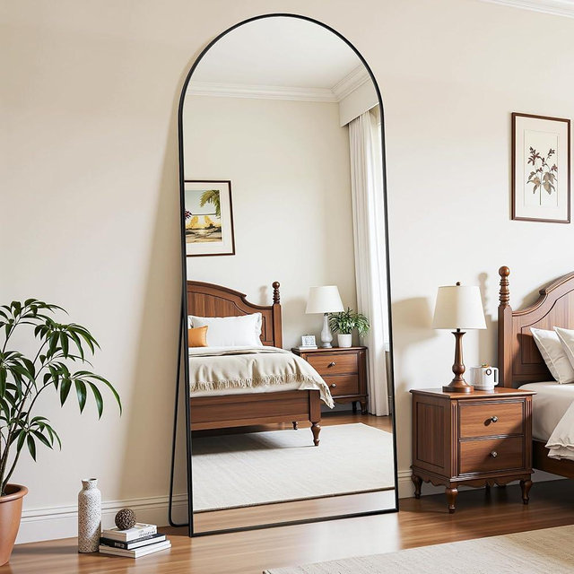 LadyNow Full Length Mirror, 68"x26" Oversized Floor Mirror Freestanding, Full Body Mirror Floor Standing Mirrors with Stand, Hanging Mounted Mirrors for Bedroom Living Room, Black, Arched Style