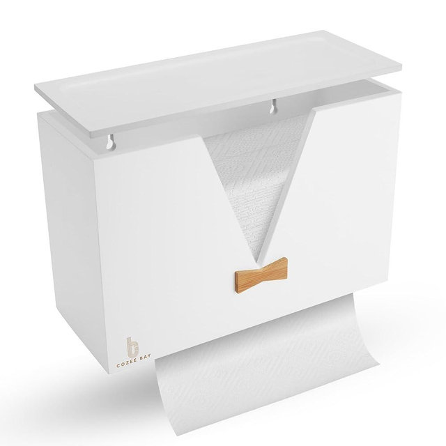 Cozee Bay Bamboo Paper Towel Dispenser, Paper Towel Holder with Lid for Home and Commercial, Wall Mount or Countertop (White)