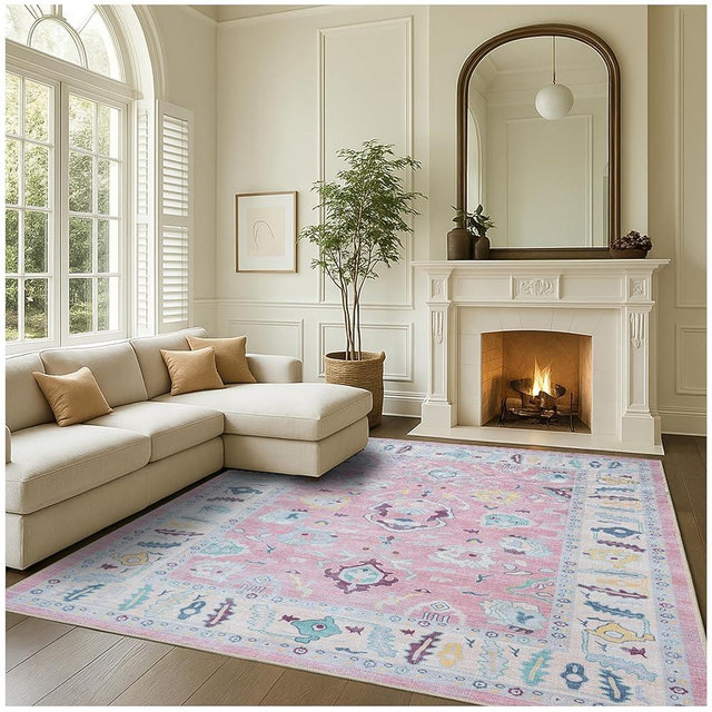 Fame Rugs Pink Modern Oushak Rug 5x7, Washable Vintage Turkish Colorful Oriental Antique Inspired Area Rugs, Luxury Living Room Bedroom (385PB, 5' x 7')