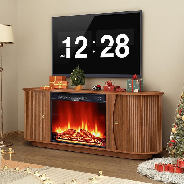63" Fireplace TV Stand for TVs Up to 70" with 23" Electric Fireplace, Mid-Century Modern Fluted TV Media Console Table with Storage and Shelf, Curved Edge Entertainment Center for Living Room(Brown)