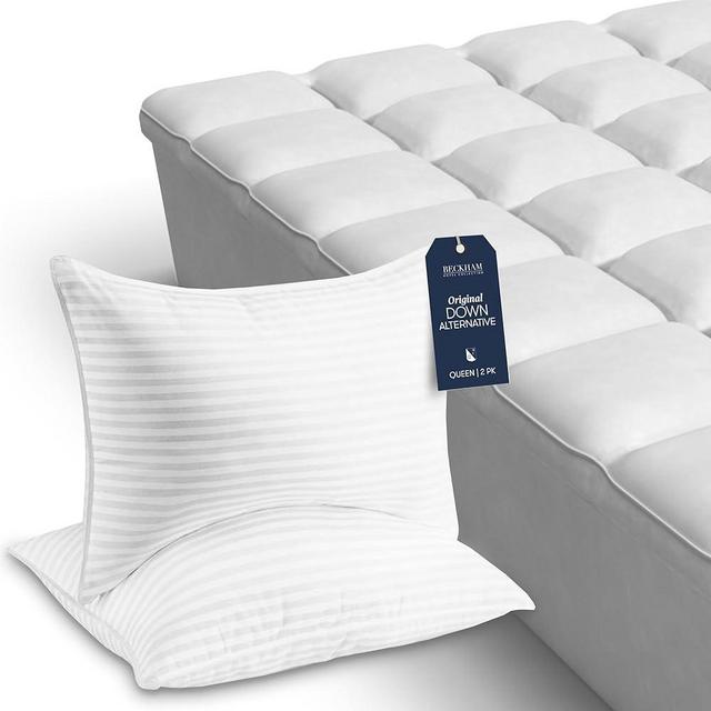Beckham Hotel Collection Queen Size Down Alternative Pillows, Set of 2 and Queen Size Hybrid Mattress Protector & Pad