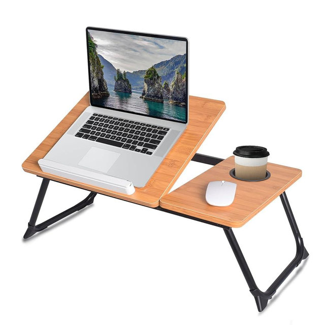 Adjustable Laptop Bed Table with Book Stand, Portable Reading Desk with Side Panel, Wood Grain