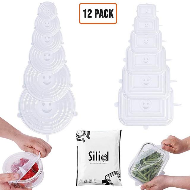 Silid Pack 12 Silicone Stretch Lids | BPA-Free Stretchable Round and Rectangle Food Covers to Fit All of Containers | Microwave and Dishwasher Safe - White