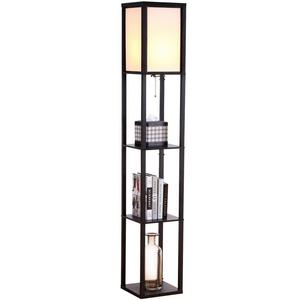 Brightech Maxwell - Alexa Compatible LED Shelf Floor Lamp - Modern Standing Light for Living Rooms & Bedrooms - Asian Wooden Frame with Open Box Display Shelves - Black