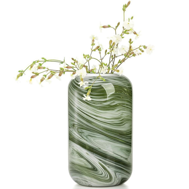 Goaste Green Glass Flower Vase, 8 Inch Decorative Premium Glass Bottle, Aesthetic Cylinder Bud Vase, Modern Hand Blown Vase with Cloud Pattern for Centerpieces, Wedding, Dining Table, Arrangement