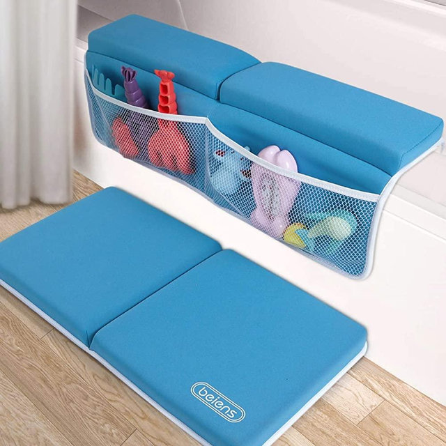 beiens Bath Kneeler with Elbow Rest Set, 1.5'' Thick Quickly Dry Kneeling Pad and Elbow Support for Knee & Arm Support Large Bathtub Kneeling Mat with Toy Organizer for Happy Baby Bathing Time (Blue)