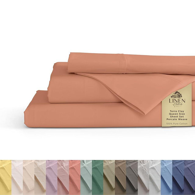 Linen Home 100% Cotton Percale Sheets Queen Size, Tera Clay, Deep Pocket, 4 Pieces Set - 1 Flat, 1 Deep Pocket Fitted Sheet and 2 Pillowcases, Crisp Cool and Strong Bed Linen