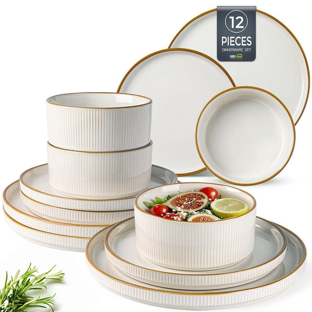 GBHOME Stoneware Dinnerware Sets for 4,Round Reactive Glaze Ceramic Plates and Bowls Set,Highly Chip and Crack Resistant | Dishwasher & Microwave Safe Dishes Set,Service for 4(12Pcs)