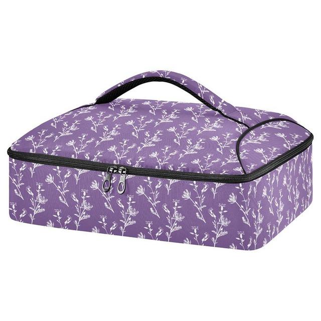 Purple Field Flowers Double Insulated Casserole Carrier For Hot or Cold Food, Expandable Hot Food Carrier Bag, Insulated Food Bag for Parties, Beach, Picnic, Camping