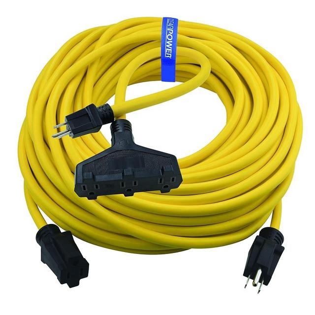 Clear Power 100 ft 12/3 SJTW Heavy Duty Outdoor Extension Cord with 2 ft (Short) 3 Outlet Extension Cord Adapter, 3 Prong Grounded Plug, 15 Amp, Yellow CPCO90003