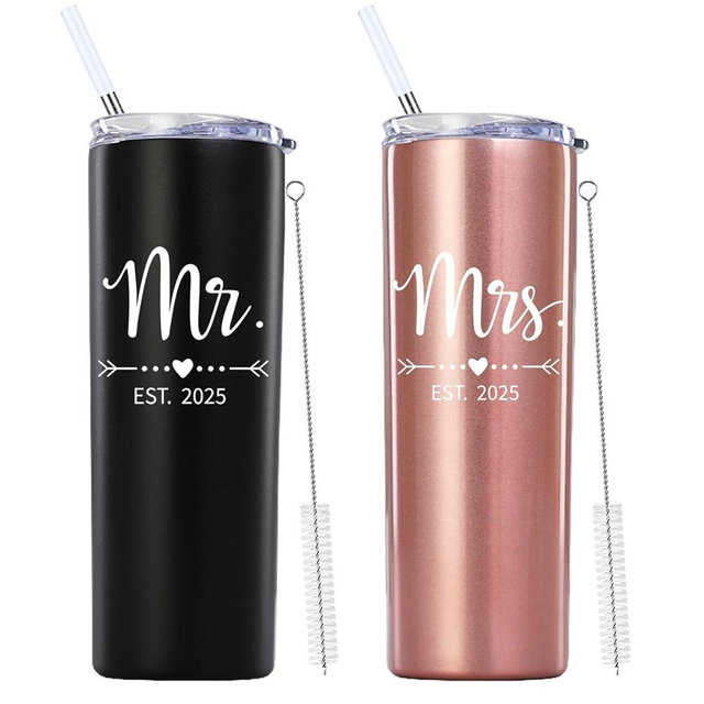 Mamihlap Mr and Mrs Est 2025 Skinny Tumbler.Newlyweds Couples Wife Bride To Be Newly Engaged Bridal Shower Gifts.Wedding Tumbler Idea for Bridal Showers Engagement.(20oz Black&Rose Gold)