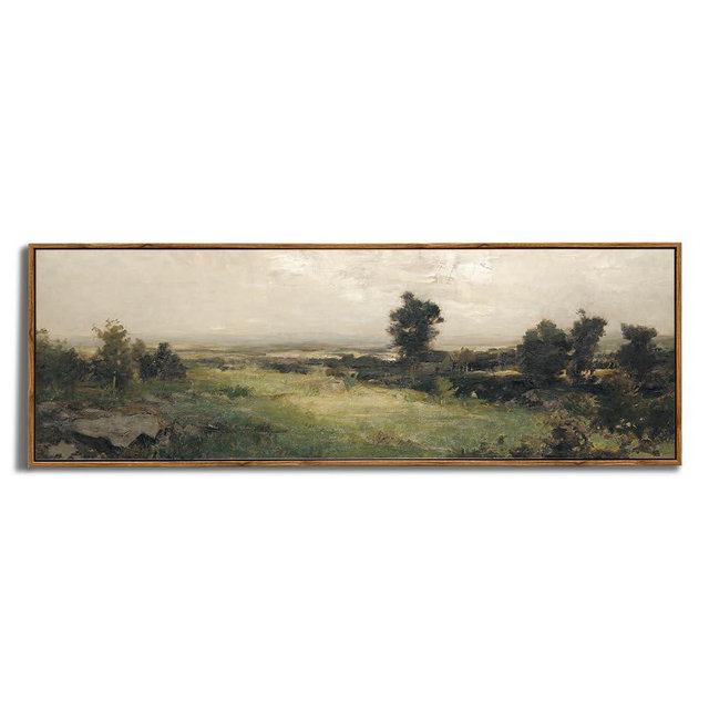 Framed Canvas Wall Art for Bedroom - Long Horizontal 13.5x40" Above the Bed - Vintage Farmhouse French Country Room Decor - Green Trees Mountain Landscape - Cottagecore Aesthetic Living Room Plant