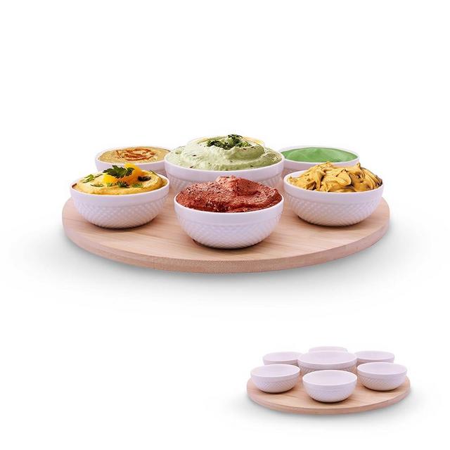 Rotating Bamboo Serving Tray with 6 Small Ceramic Condiment Bowls and 1 Larger Center Bowl - Lazy Susan Style Elegant Serving Set for Dips, Snacks, Appetizers, and More