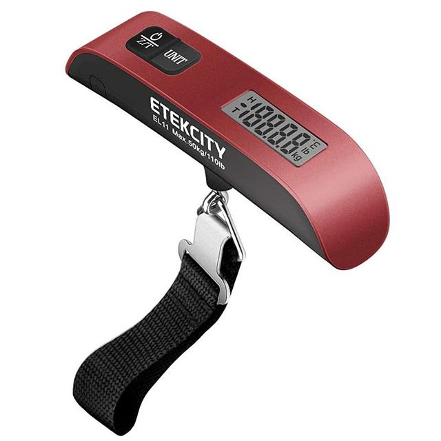 Etekcity Digital Hanging Luggage Scale, Portable Handheld Baggage Scale for Travel, Suitcase Scale with Rubber Paint, Temperature Sensor, 110 Pounds, Battery Included, Red