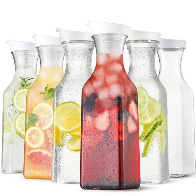 NETANY 50 Oz Water Carafe with Flip Top Lid, Set of 6 Square Base Juice Containers, Clear Plastic Pitcher - for Water, Iced Tea, Juice, Beverage, Lemonade, Milk, Cold Brew and Mimosa Bar
