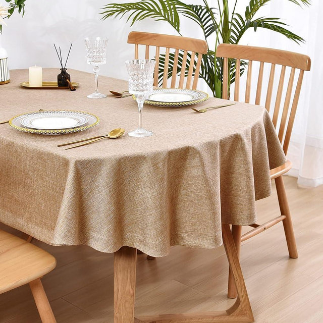 Wolkemer Faux Linen Oval Tablecloth Heavy Duty Wrinkle Resistant Fabric Table Cloths 60 x 84 Inch Flaxen Farmhouse Rustic Table Cover for Kitchen Dining Indoor Outdoor Tabletop Decoration