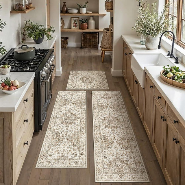 WondRg Neutral Kitchen Rug Set of 3 Washable Brown Vintage Kitchen Mats for Floor Non-Slip Kitchen Runner Rug Soft Low Pile for Bathroom Laundry Hallway Sink Entryway
