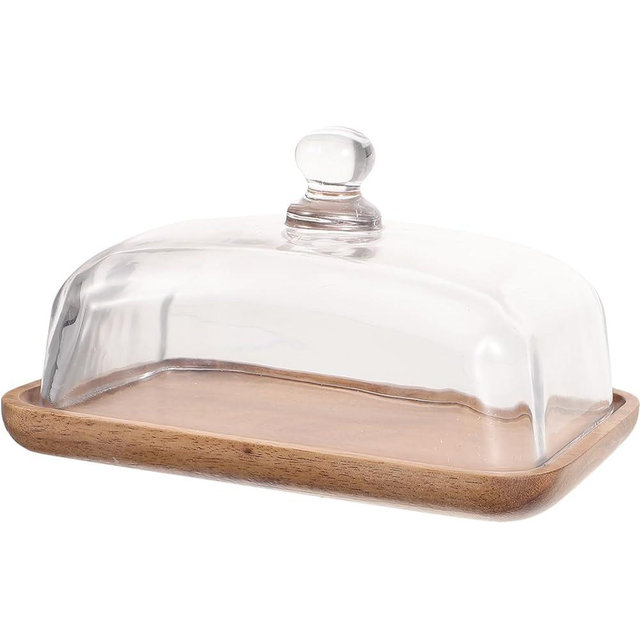 Happyyami Bamboo Wood Round Cake Tray (7x4.64x3 inches, 1.0 pounds) - Transparent Glass Display Dome, Dessert Pastry Plate Set for Table