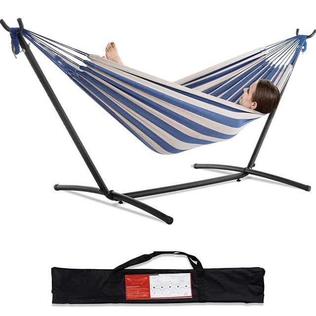 PNAEUT Double Hammock with Space Saving Steel Stand Included 2 Person Heavy Duty Garden Yard Outdoor 450lb Capacity Hammocks (Sky)