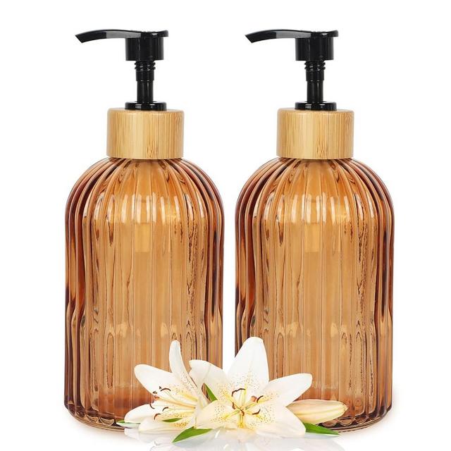 Ulable Amber Glass Soap Dispenser with Pump, 2 Pack 13.5oz Vertical Stripe Design Hand Soap Dispenser for Hand Wash, Dish Wash, Elegant Bathroom Soap Dispenser for Bathroom and Kitchen