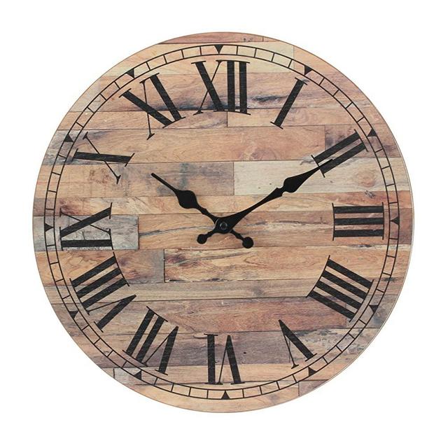 Stonebriar Old Fashioned 14 Inch Round Wood Hanging Wall Clock, Battery Operated, Rustic Wall Decor for the Living Room, Kitchen, Bedroom, and Patio