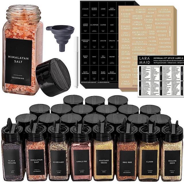 Laramaid 4oz 48Pack Glass Jars with 304 Minimalist Black Premium Spice Labels, Black Plastic Shaker Lid Dispenser, White Chalk Marker, Cleaning Brush and Collapsible Silicone Funnel Complete Spice Jar Set