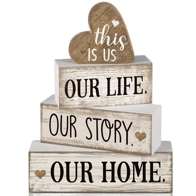 Conelist 4 Pcs Farmhouse Wooden Heart Tabletop Decor Farmhouse Tiered Tray Decor This is Us Centerpiece Decorative Rustic Our Home Block Sign Gift for Home Table Kitchen Shelf Decoration