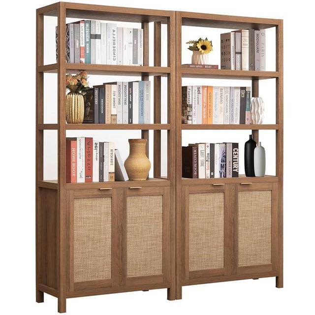 SICOTAS Bookshelf 5 Tier Book Shelf Rattan Boho Tall Bookcase with Doors Storage Wood Shelves Large Bookshelves Farmhouse Bookcases Book Case for Living Room Bedroom Home Office Kitchen (Oak 2PCS)