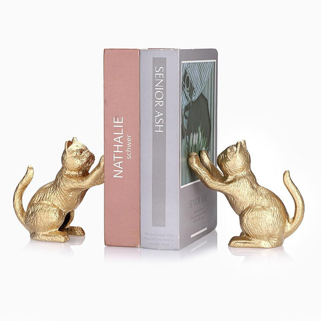 OGANAZI Cat Decorative Bookends for Shelf, Cute Book End Unique Book Ends to Hold Books Heavy Duty for Desk Office, Vintage Antique Gold Home Decor, Shelf Decoration, Modern Living Room Decor