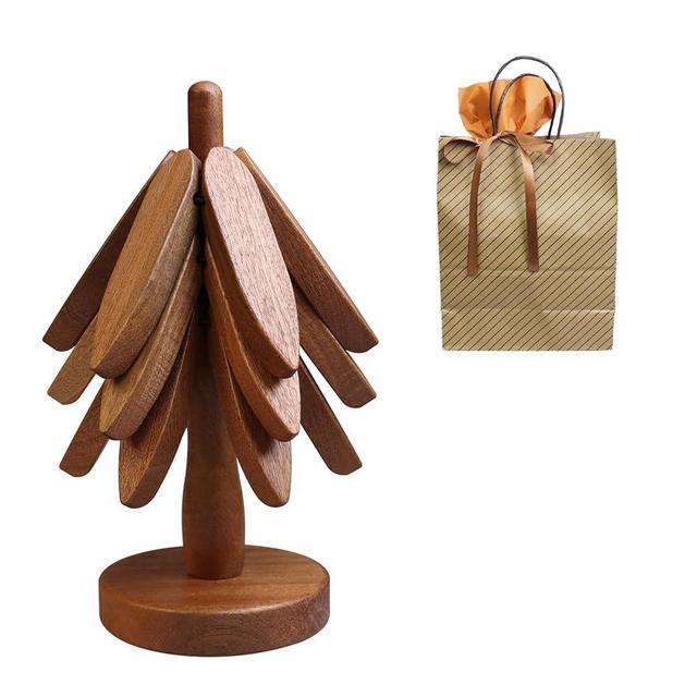 Mamakura Kitchen Wooden Trivets for Hot Dishes,Tree Shape trivets for hot pots and Pans 7.7inch(3 Layers+1 Stand(Brown Color)