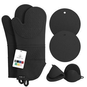 Rorecay 6pcs Oven Mitts and Pot Holders Sets Heat Resistant 500 Degrees, Extra Long and Non-Slip Silicone Oven Gloves Potholders Hot Pads for Kitchen Baking Cooking, Quilted Liner, Black