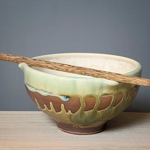 Copper Green Pottery noodle bowl or Ramen bowl, Rice bowl with wooden chopsticks. Wheel thrown. Built in chopstick rest | Pederson Pottery