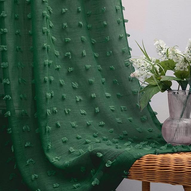 Hunter Green Sheer Curtains 84 Inch Length for Living Room 2 Panels Back Tab Rod Pocket Pom Pom Textured Curtains for Bedroom Decoration Christmas Xmas Holiday Home Decor 84 Inches Long Dark Green
