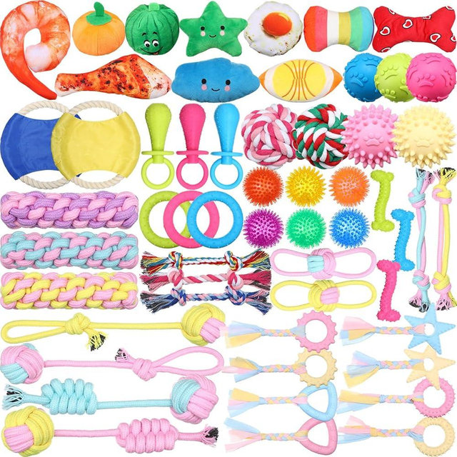 Syhood 60 Pcs Squeaky Dog Toys Bulk Stuffed Plush Chew Puppy Teething Rope Cute Spiky Chew Ball for Small Dog Pet Teething(Sweet Style)