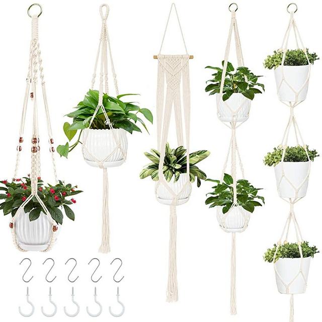 ZNCMRR 5 Pack Macrame Plant Hangers with 10 Hooks, Different Tiers, Wall Hanging Planter Basket Flower Pots Holder for Indoor Outdoor Boho Home Decor
