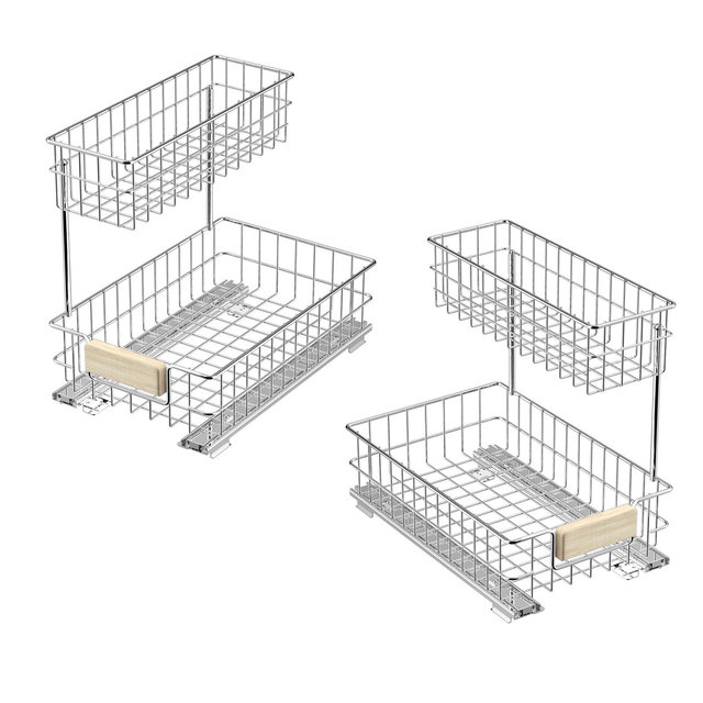 Pull Out Cabinet Organizer with Wood Handle, Under Sink Slide Out Storage Shelf with 2-Tier Wire Drawer, 11.5 in. W x 17.7 in. D