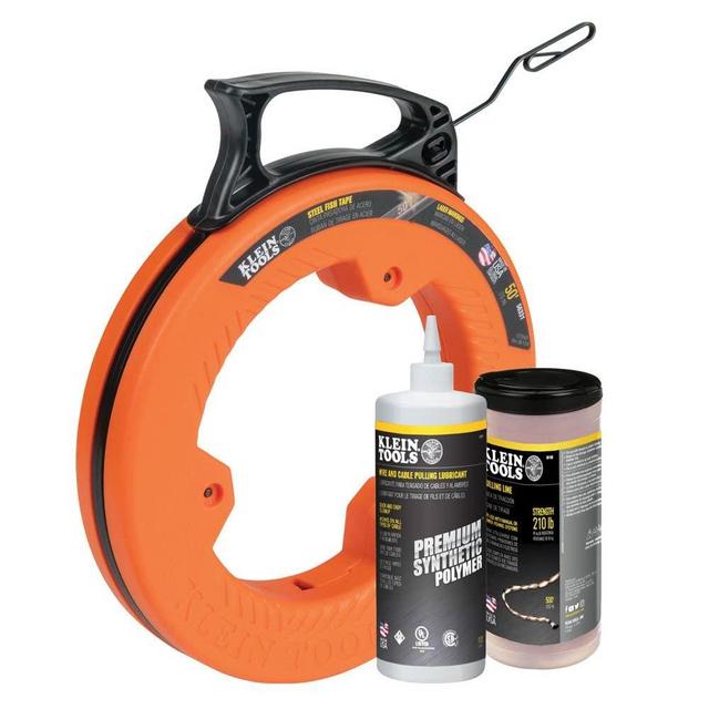 Klein Tools 80058 Fish Tape Wire Pulling Kit with 50-Foot Steel Fish Tape, 500-Foot Pull Line and Wire Pulling Lubricant, 3-Piece